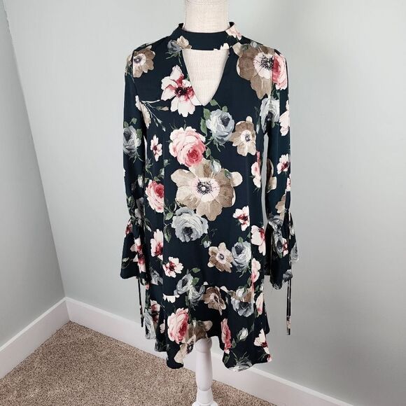 Peach Love Floral Chocker Neck Bell Sleeves Midi Dress Size Small - Picture 1 of 9